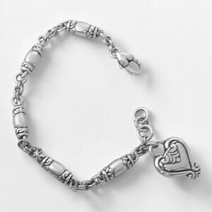 Vintage Brighton Blaire Brushed Silver Barrel Link Bracelet Dangling Heart Charm